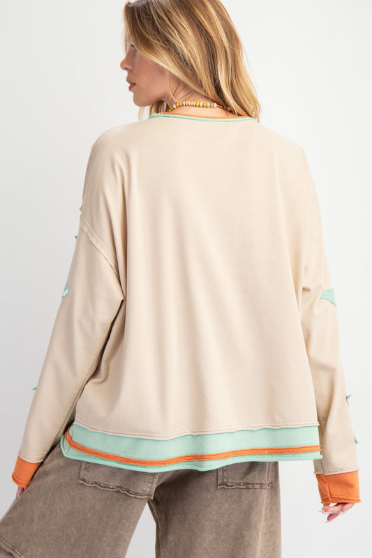 Easel Mineral Washed Top with Star Patched Sleeves in Taupe