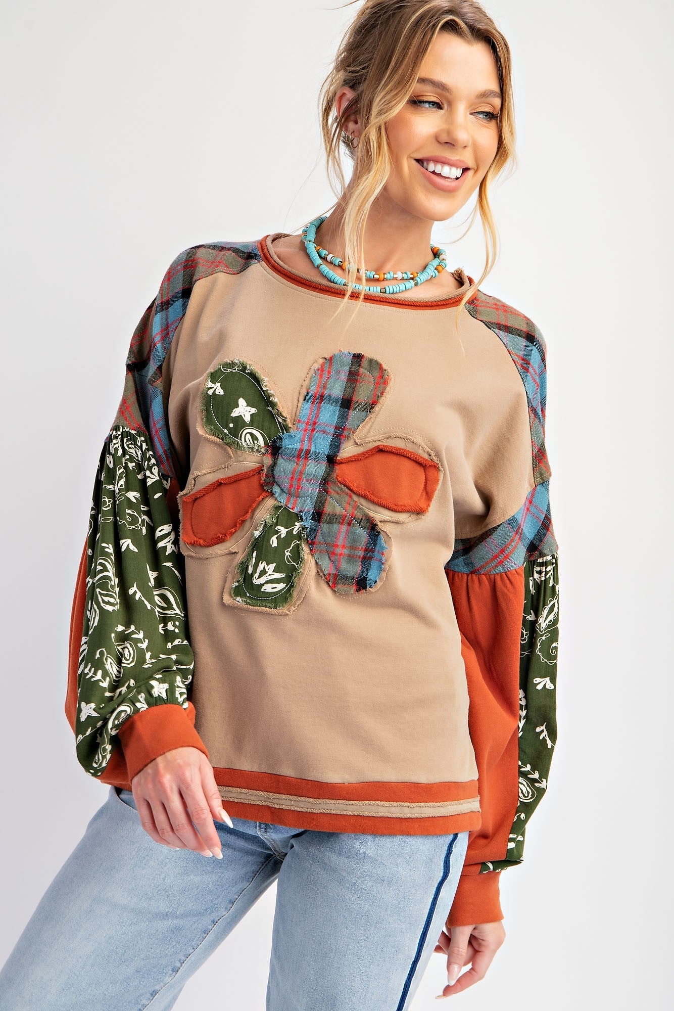 Easel Soft Washed Mix N Match Fabric Flower Patch Top in Mushroom