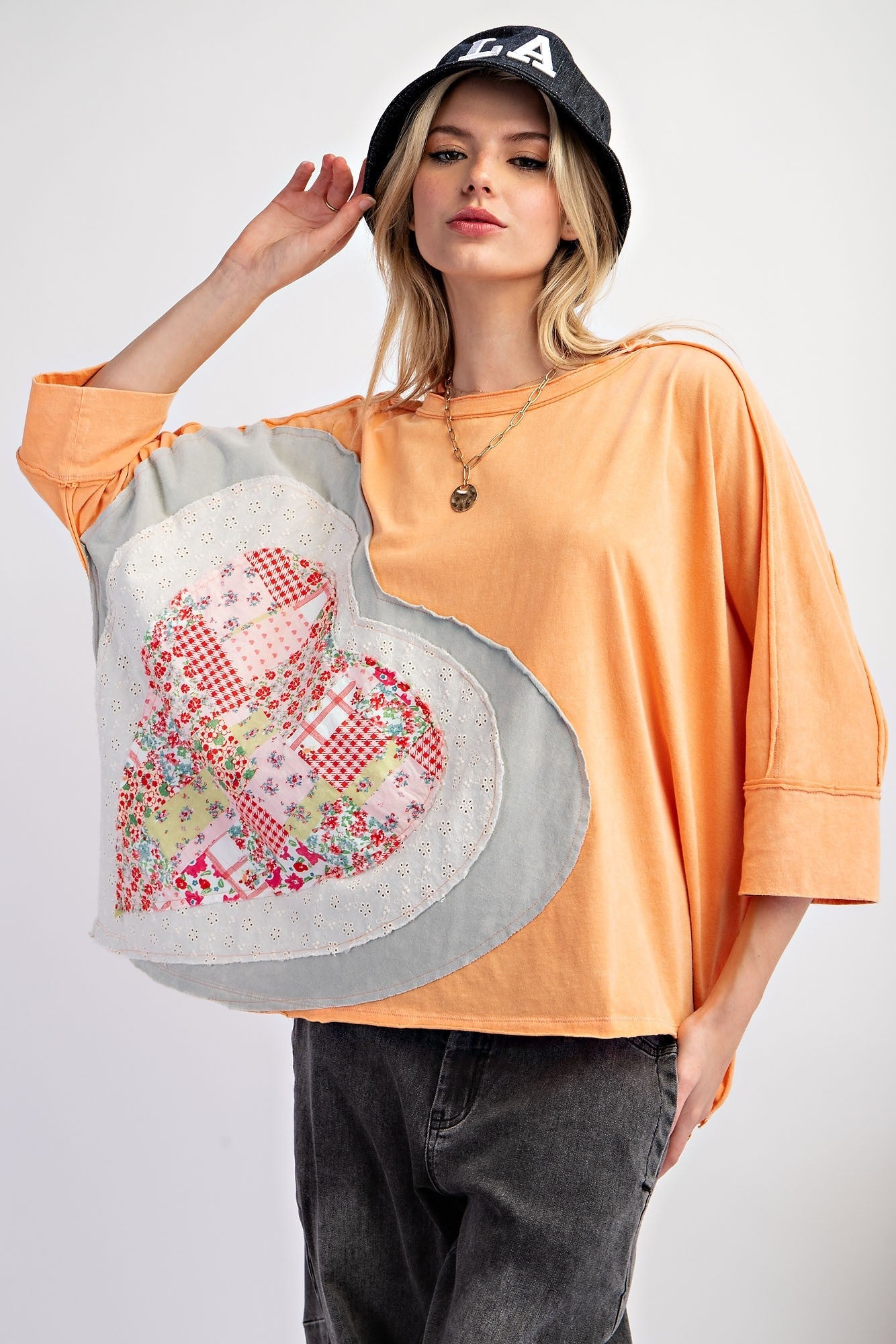 Easel OVERSIZED Heart Patched Knit Top in Apricot FINAL SALE