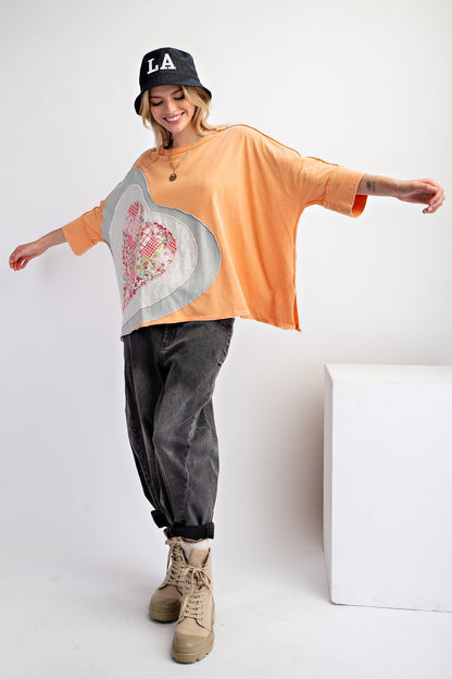 Easel OVERSIZED Heart Patched Knit Top in Apricot FINAL SALE
