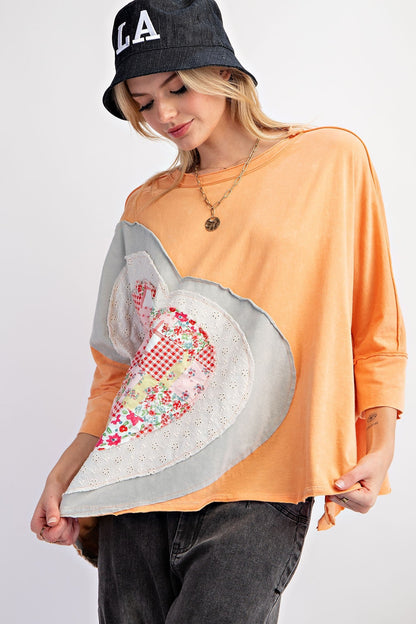 Easel OVERSIZED Heart Patched Knit Top in Apricot FINAL SALE