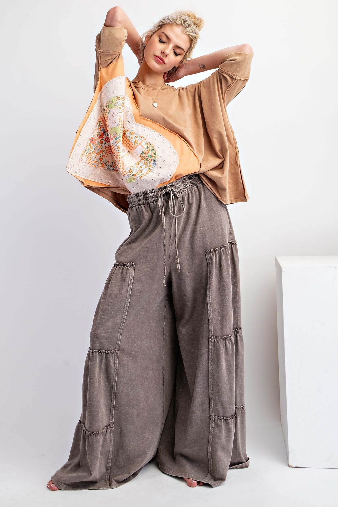 Easel OVERSIZED Heart Patched Knit Top in Almond FINAL SALE