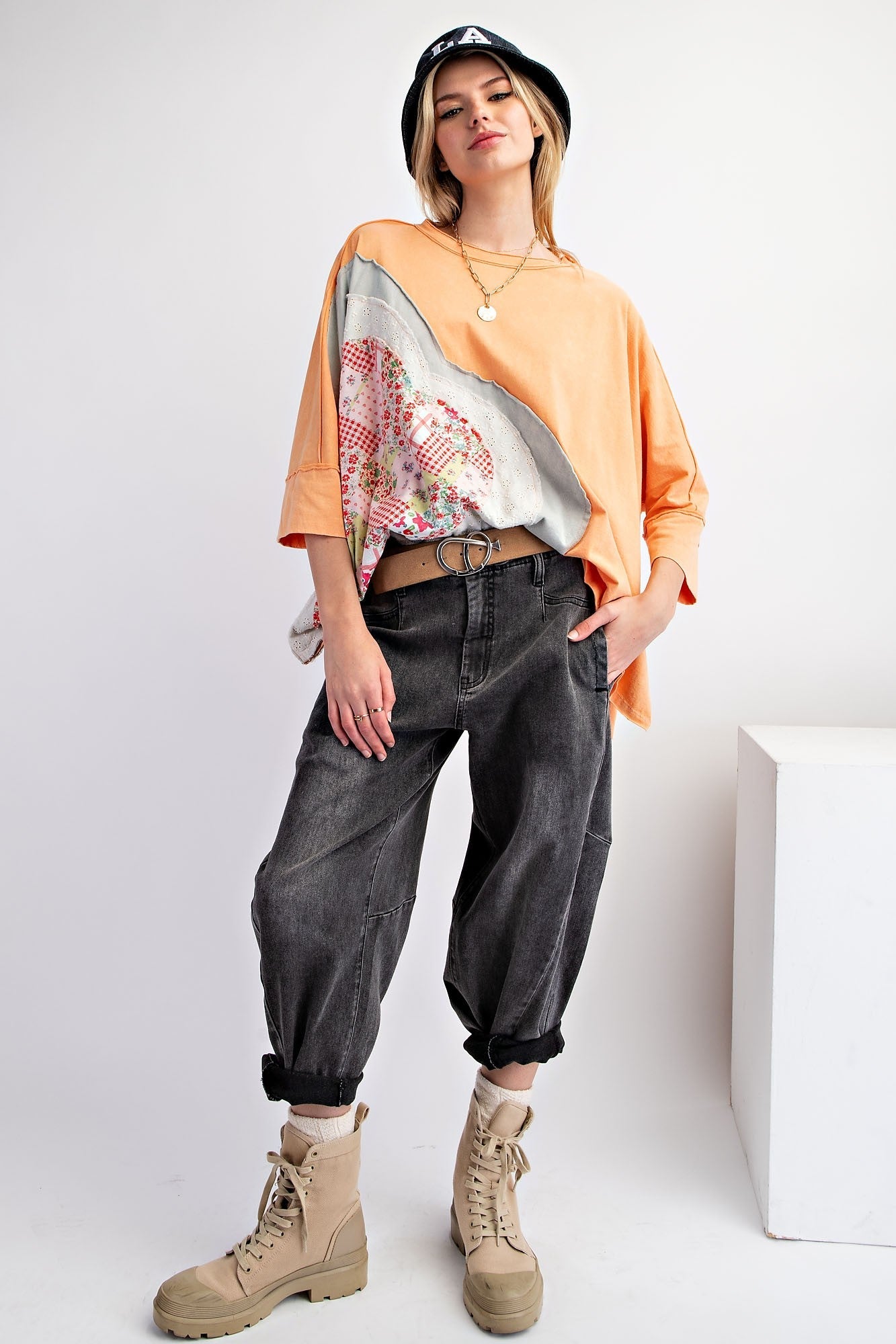 Easel OVERSIZED Heart Patched Knit Top in Apricot FINAL SALE