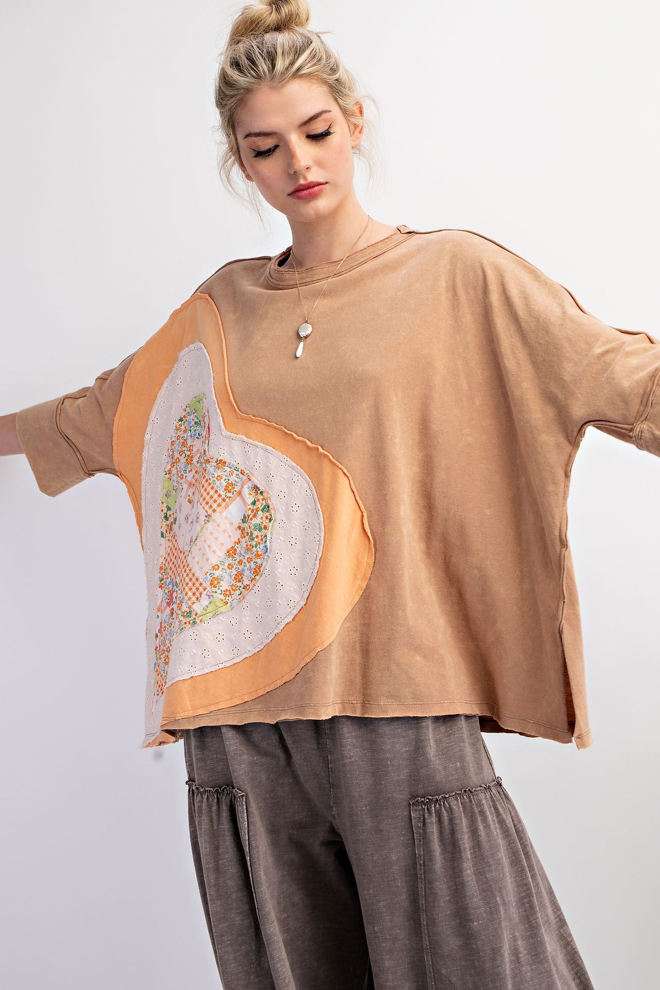 Easel OVERSIZED Heart Patched Knit Top in Almond FINAL SALE