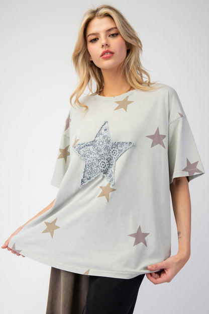 Easel OVERSIZED Star Patched and Print Top in Pale Sage