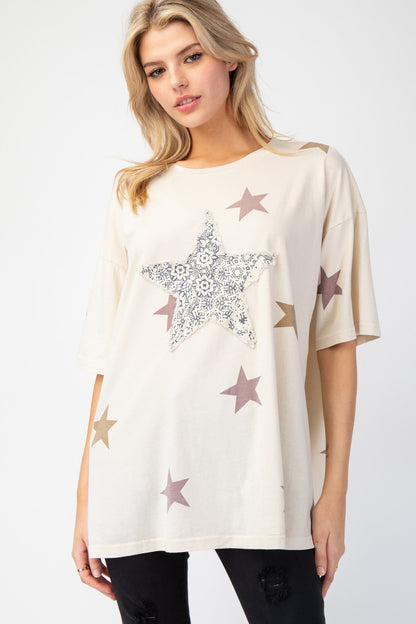 Easel OVERSIZED Star Patched and Print Top in Khaki
