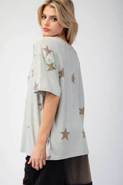 Easel OVERSIZED Star Patched and Print Top in Pale Sage