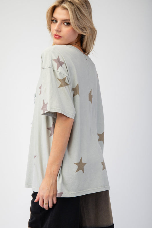 Easel OVERSIZED Star Patched and Print Top in Pale Sage