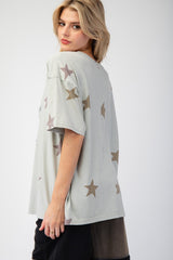 Easel OVERSIZED Star Patched and Print Top in Pale Sage
