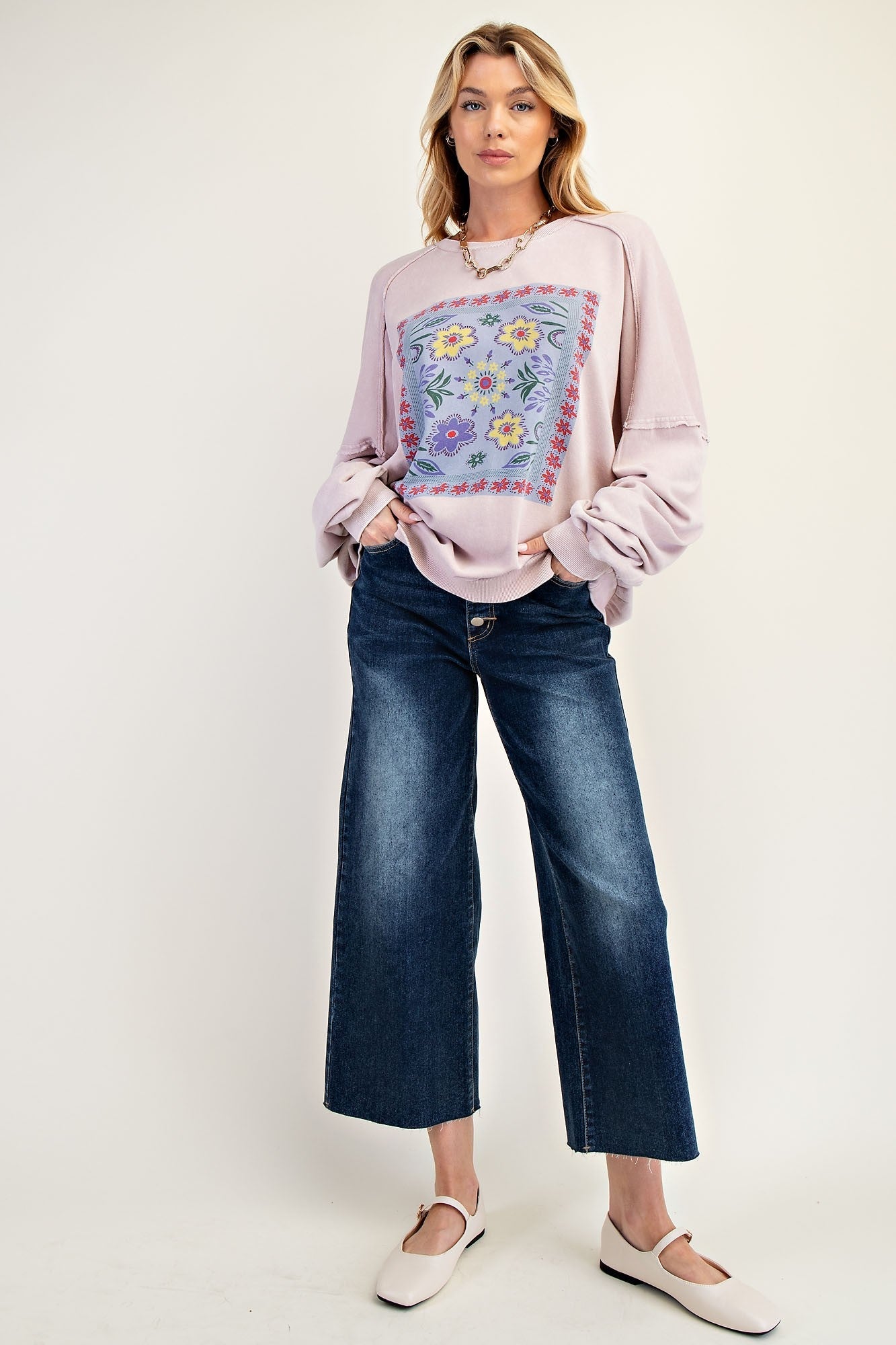 Easel Terry Knit Top with Boho Print on Front in Rose Grey