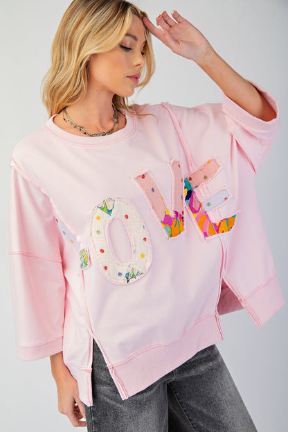 Easel OVERSIZED Top with Mixed Print LOVE Letter Patch Front in Cotton Pink