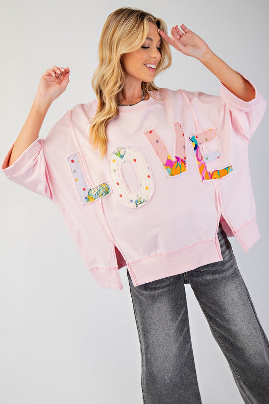 Easel OVERSIZED Top with Mixed Print LOVE Letter Patch Front in Cotton Pink