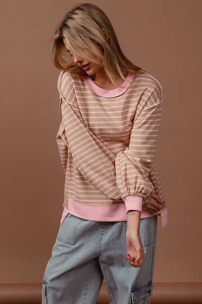 BiBi French Terry Striped Top with Uneven Hemline in Taupe/Blush
