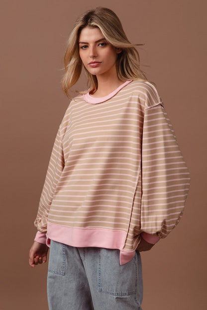 BiBi French Terry Striped Top with Uneven Hemline in Taupe/Blush