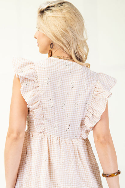 GiGio Gingham Print Midi Dress with Floral Embroidery in Butter