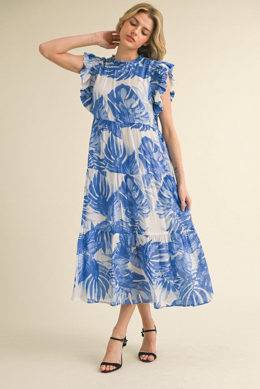 Jodifl Tropical Leaf Print Tiered Midi Dress in Blue