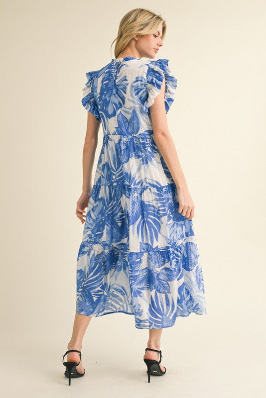 Jodifl Tropical Leaf Print Tiered Midi Dress in Blue
