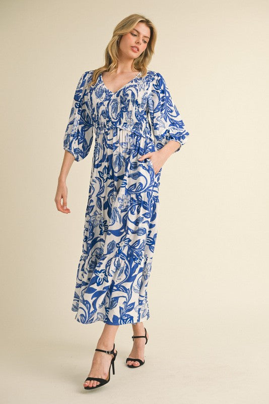 Jodifl Smocked Bodice Printed Maxi Dress in Royal
