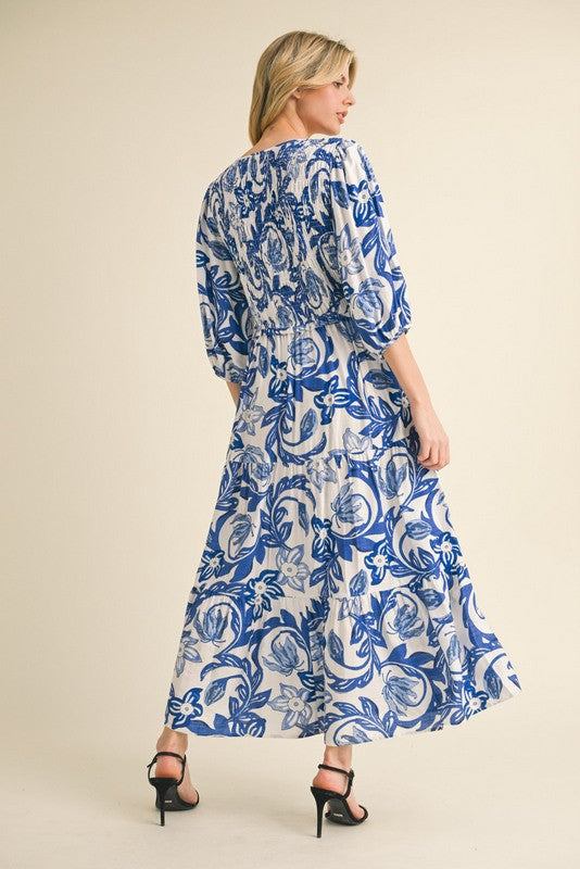 Jodifl Smocked Bodice Printed Maxi Dress in Royal