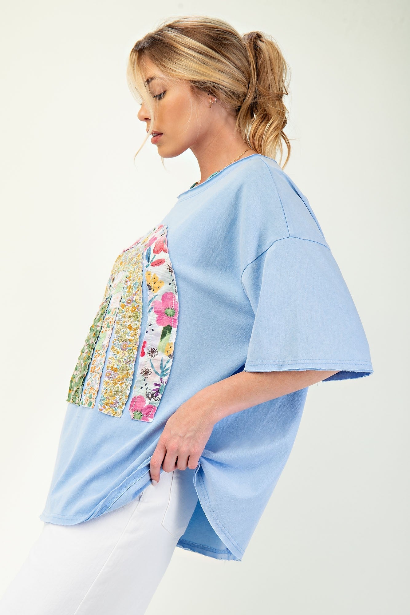 Easel Solid Color Knit Top with Raised Patchwork Front in Peri Blue