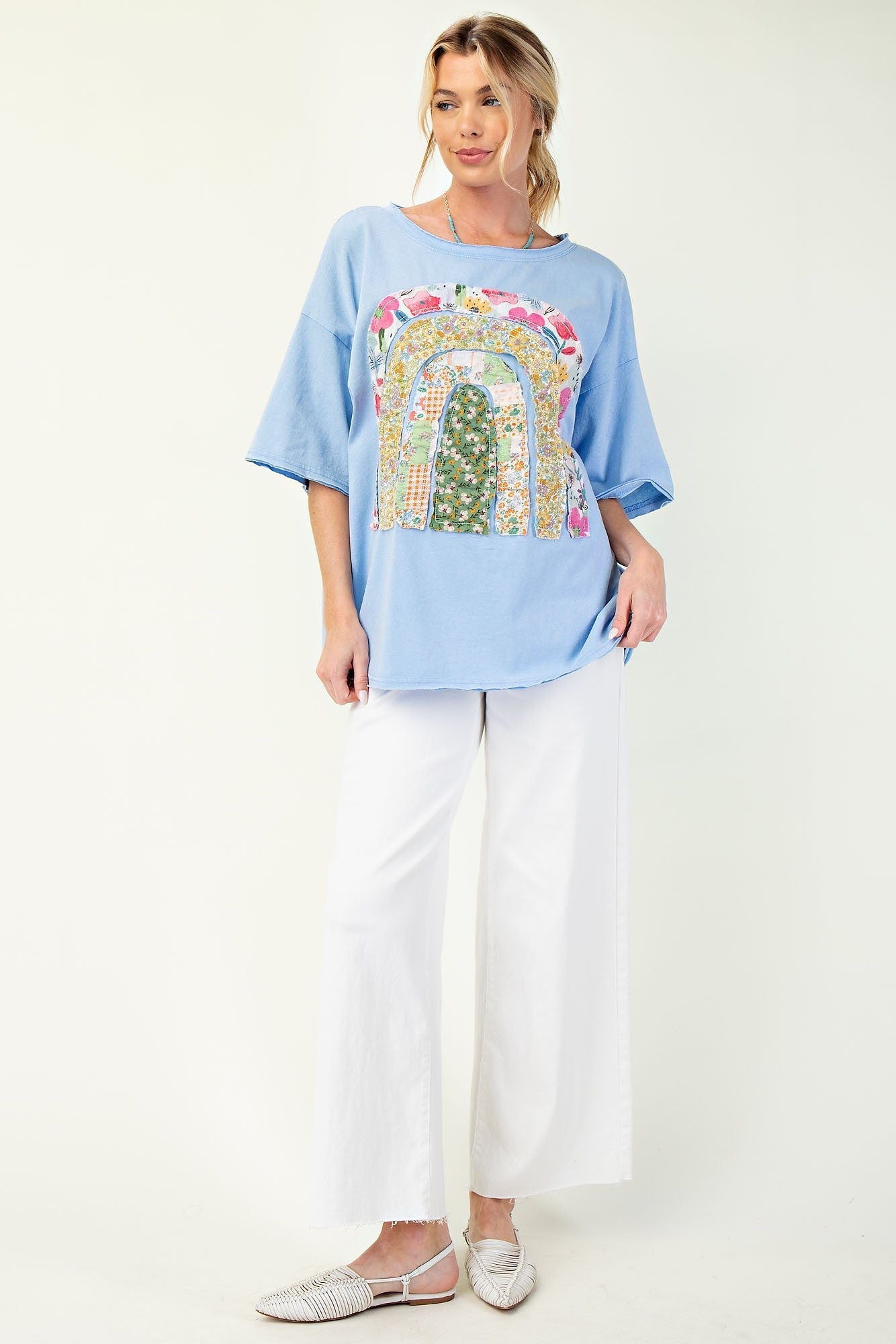 Easel Solid Color Knit Top with Raised Patchwork Front in Peri Blue