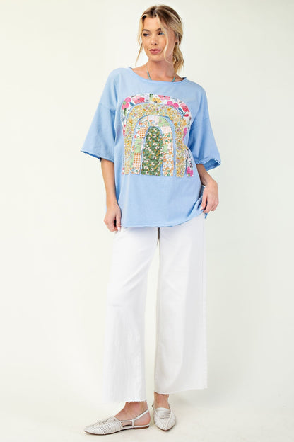 Easel Solid Color Knit Top with Raised Patchwork Front in Peri Blue