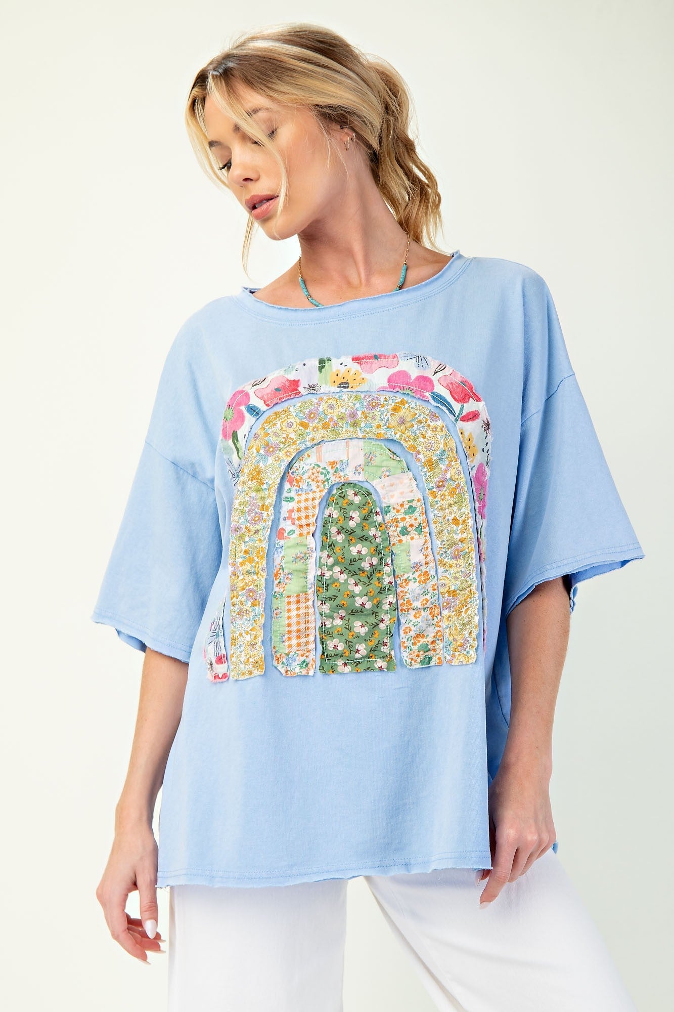 Easel Solid Color Knit Top with Raised Patchwork Front in Peri Blue