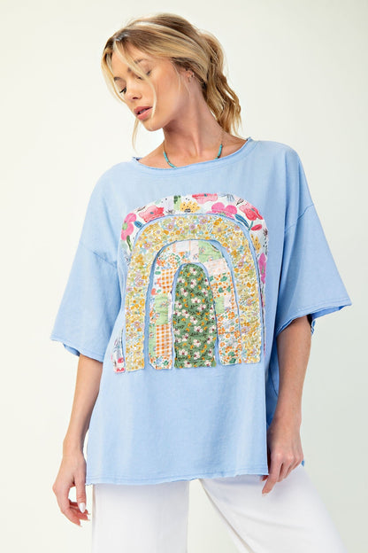 Easel Solid Color Knit Top with Raised Patchwork Front in Peri Blue