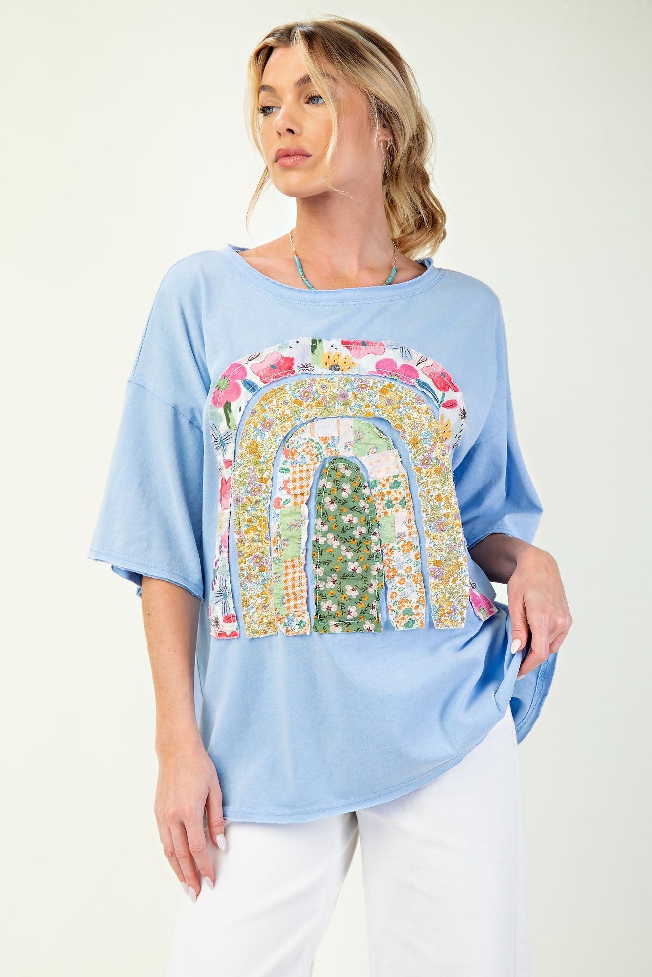 Easel Solid Color Knit Top with Raised Patchwork Front in Peri Blue