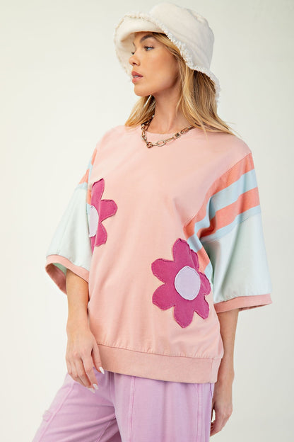 Easel Terry Knit Color Block Top with Flower Patches in Rose Coral