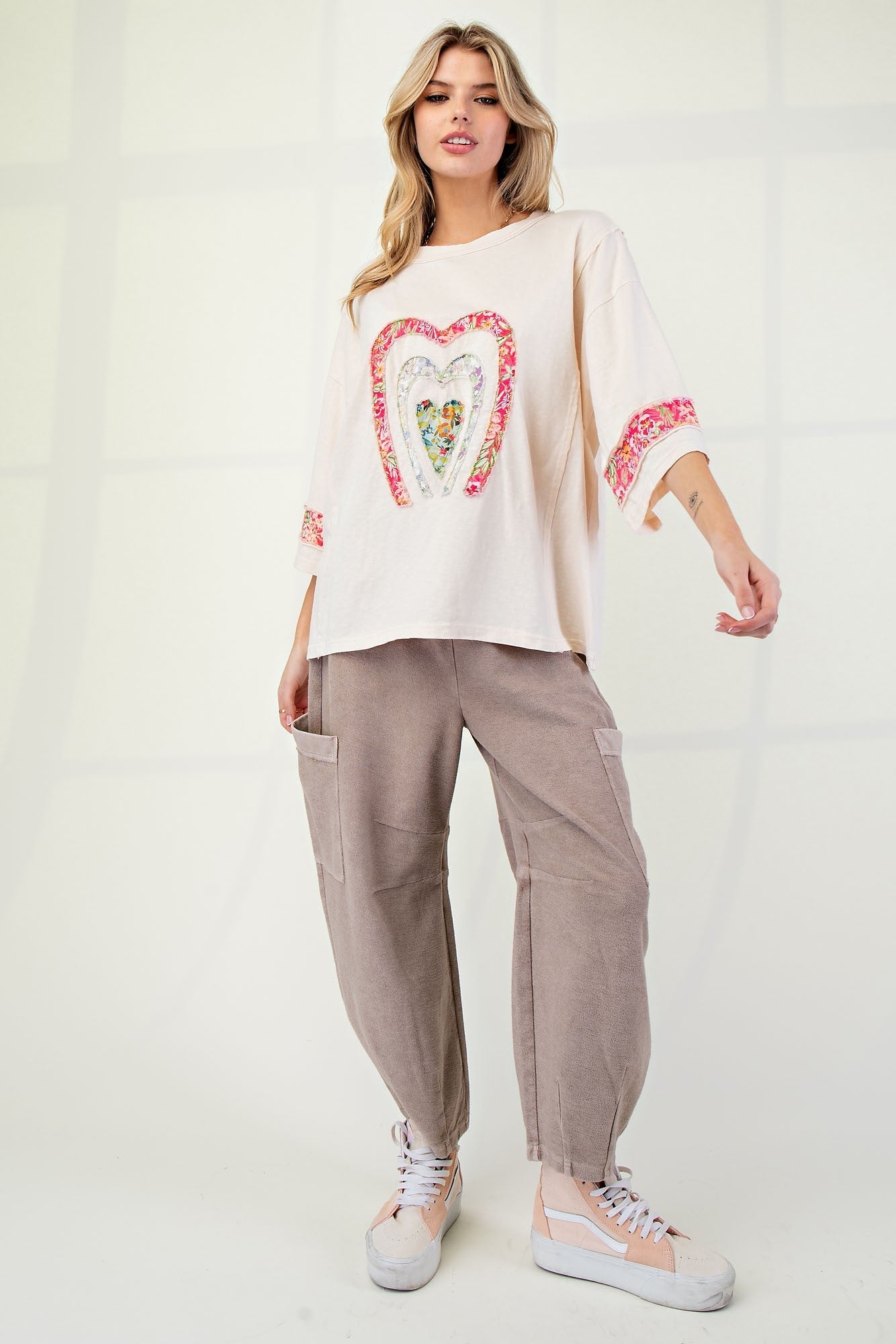 Easel Mixed Print Patched Front Cotton Knit Top in Ivory