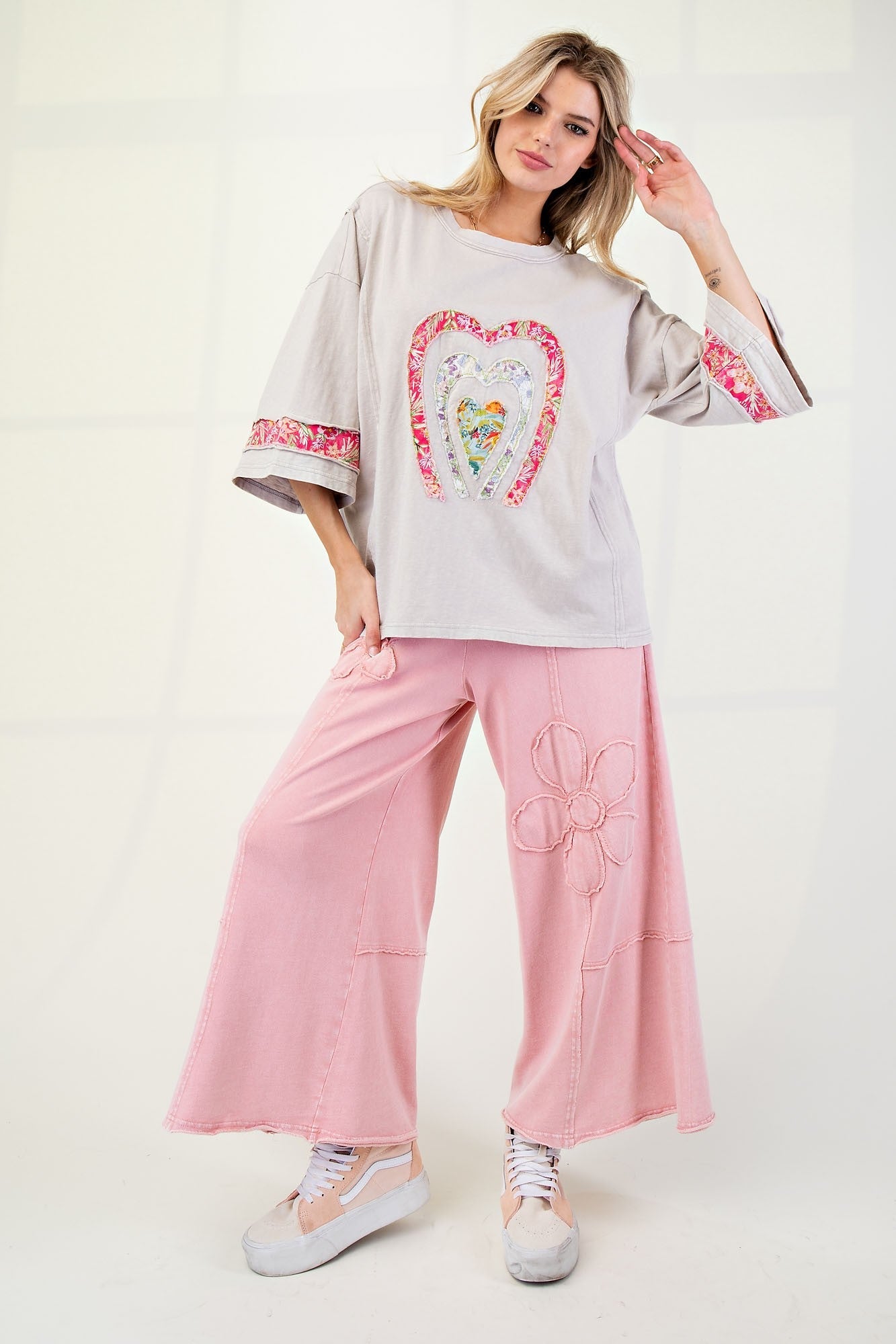 Easel Mixed Print Patched Front Cotton Knit Top in Mushroom