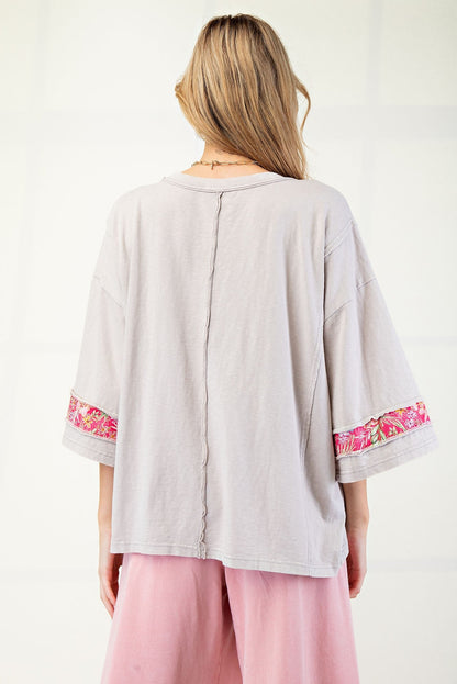 Easel Mixed Print Patched Front Cotton Knit Top in Mushroom