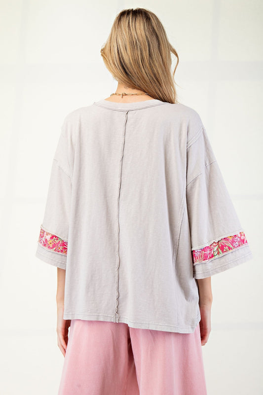 Easel Mixed Print Patched Front Cotton Knit Top in Mushroom