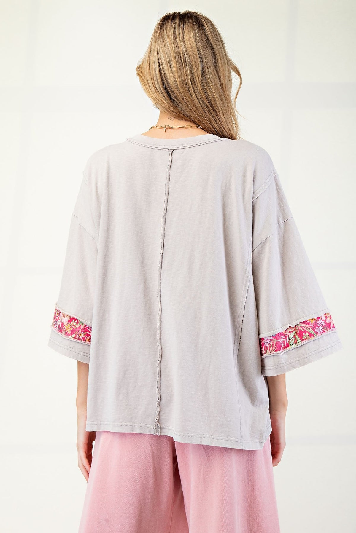 Easel Mixed Print Patched Front Cotton Knit Top in Mushroom