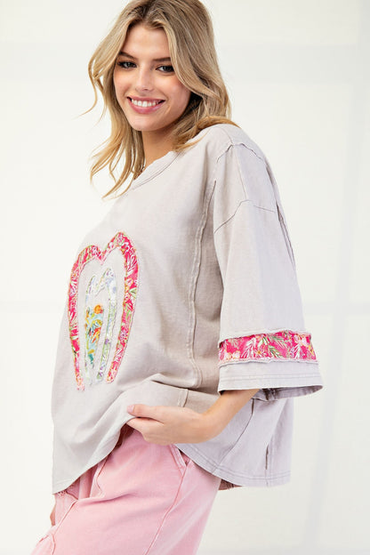 Easel Mixed Print Patched Front Cotton Knit Top in Mushroom