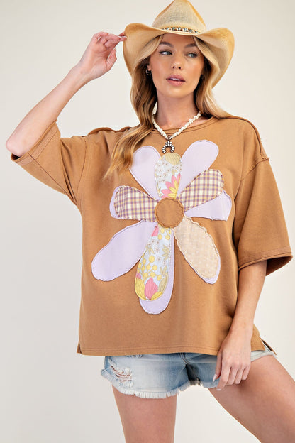 Easel Mineral Washed Terry Knit Flower Patch Top in Almond