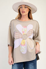 Easel Mineral Washed Terry Knit Flower Patch Top in Mushroom