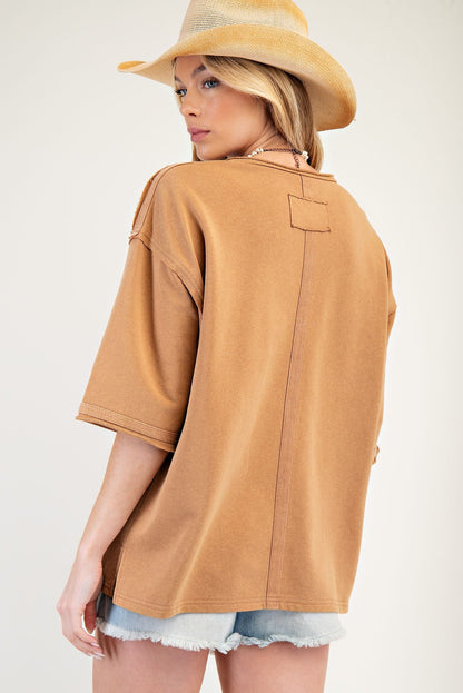 Easel Mineral Washed Terry Knit Flower Patch Top in Almond