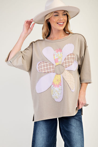 Easel Mineral Washed Terry Knit Flower Patch Top in Mushroom