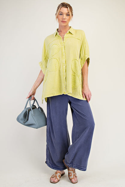Easel OVERSIZED Cotton Gauze Top with Raised Flower Patches in Green Tea