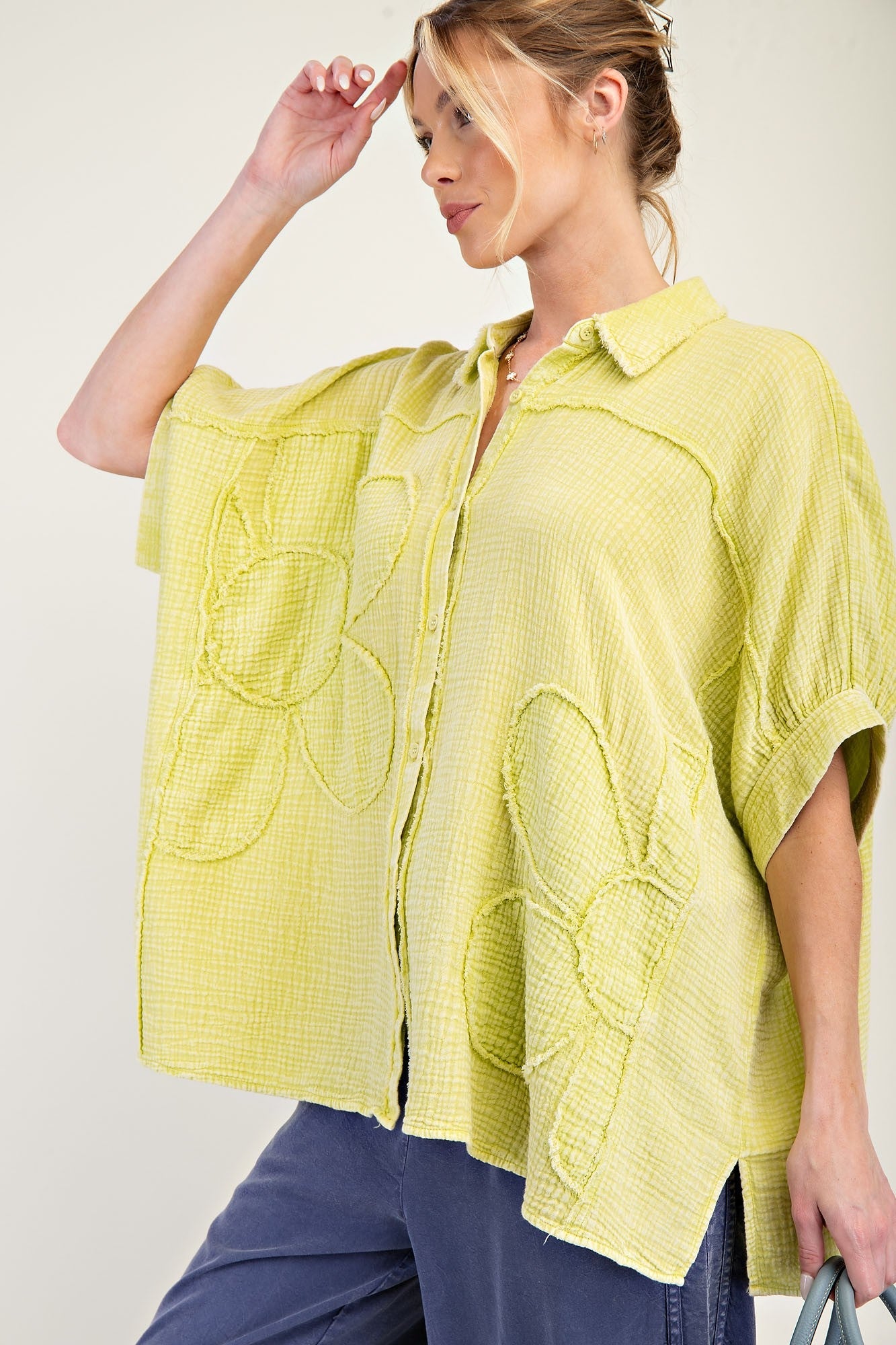 Easel OVERSIZED Cotton Gauze Top with Raised Flower Patches in Green Tea