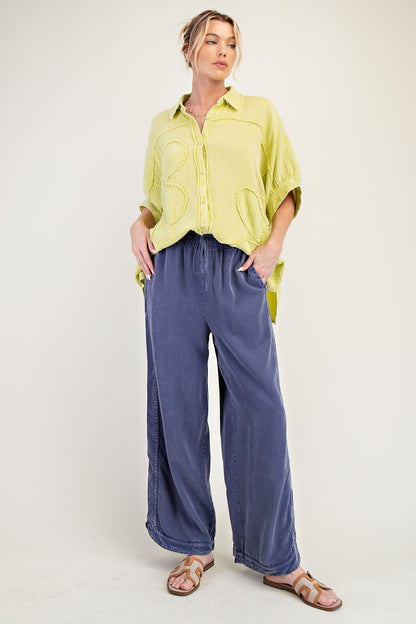 Easel OVERSIZED Cotton Gauze Top with Raised Flower Patches in Green Tea