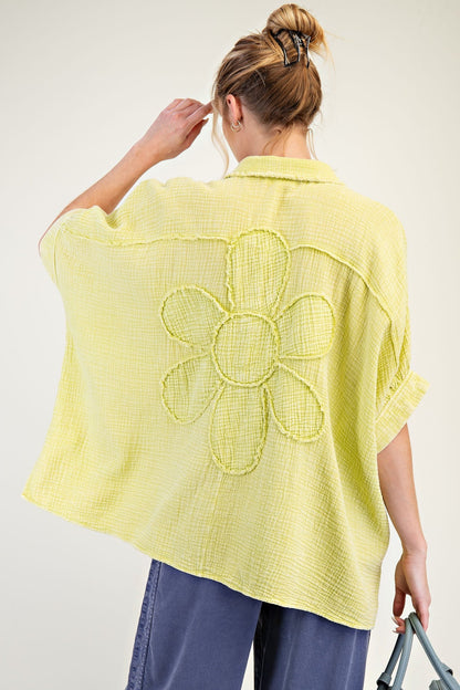 Easel OVERSIZED Cotton Gauze Top with Raised Flower Patches in Green Tea