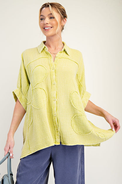 Easel OVERSIZED Cotton Gauze Top with Raised Flower Patches in Green Tea