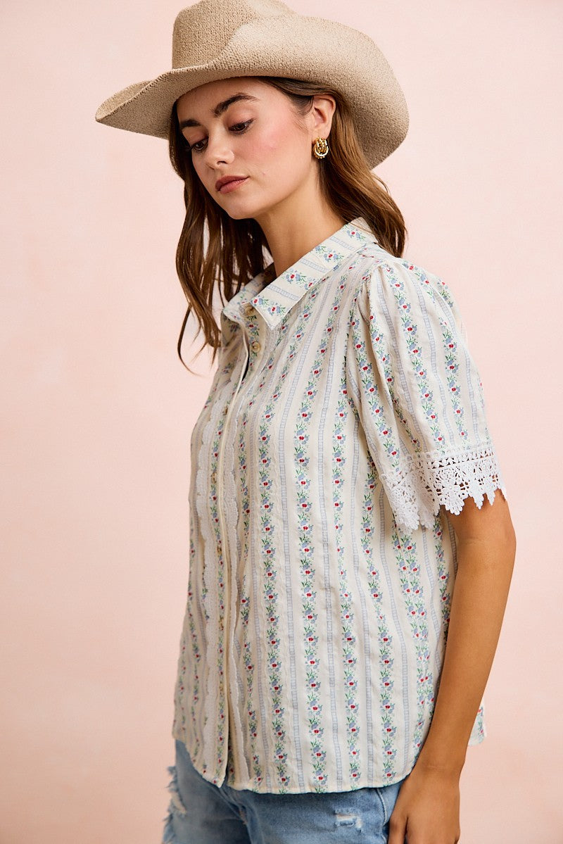 BiBi Floral Print Crinkle Top with Lace Details in Ivory Multi