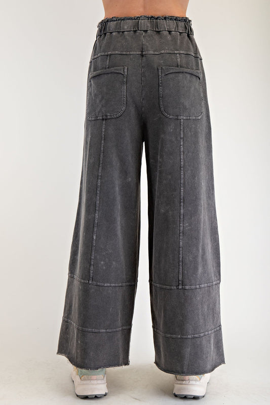 Easel Mineral Washed Terry Knit Pants in Black