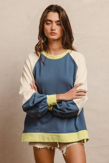 BiBi French Terry Color Block Top in Indigo/Lime