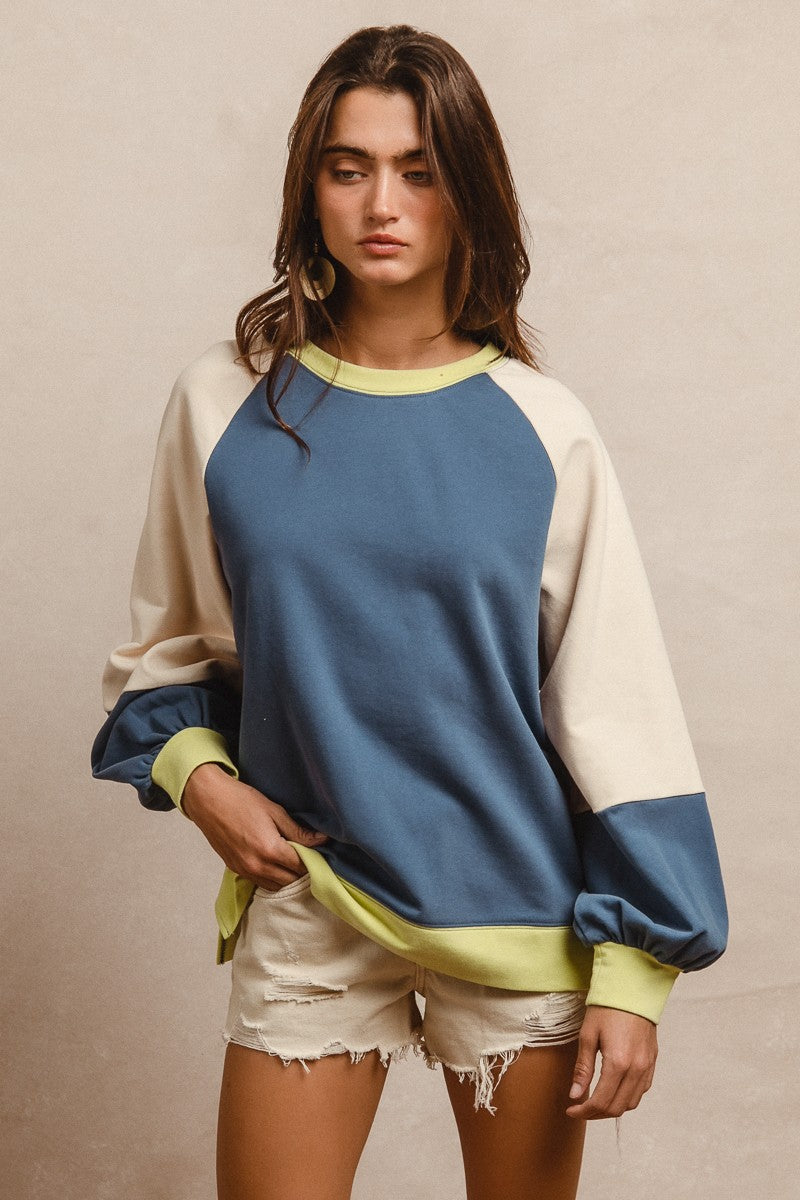BiBi French Terry Color Block Top in Indigo/Lime