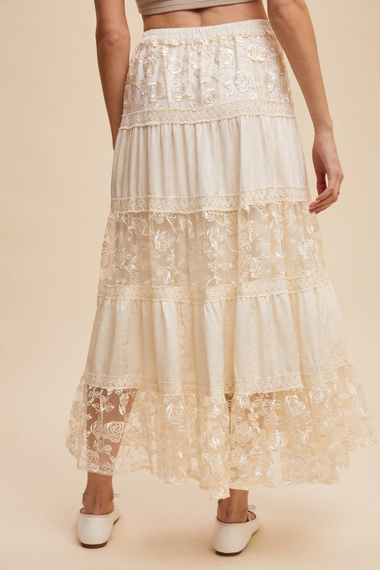 Listicle Floral Embroidered Lace Maxi Skirt in Cream